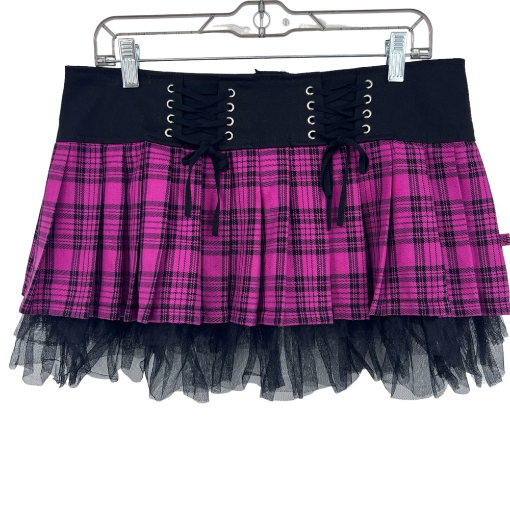 Y2K Goth Royal Bones Neon Pink Black Plaid Pleated Mini Skirt Tulle Hem Size L